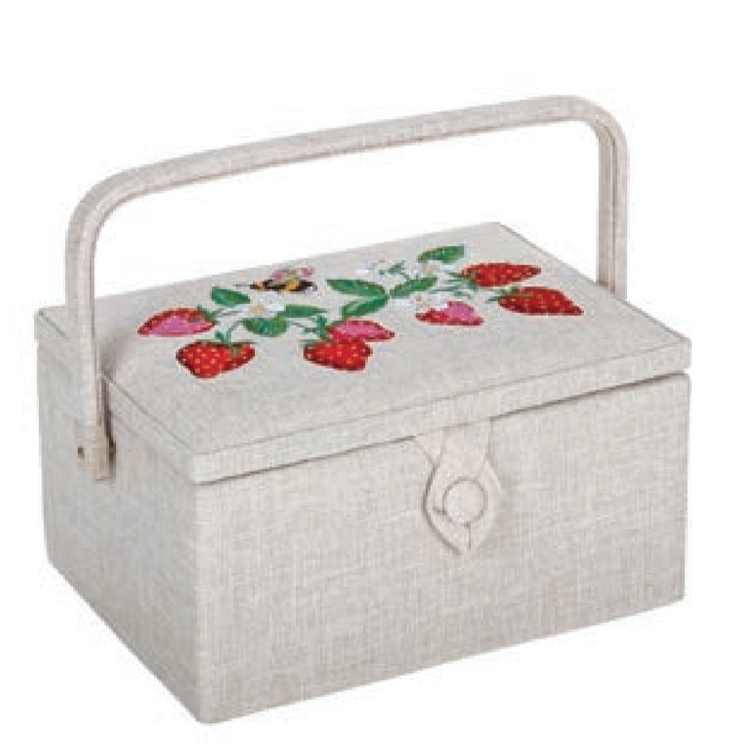 Boîte à couture fraise tissu en lin .